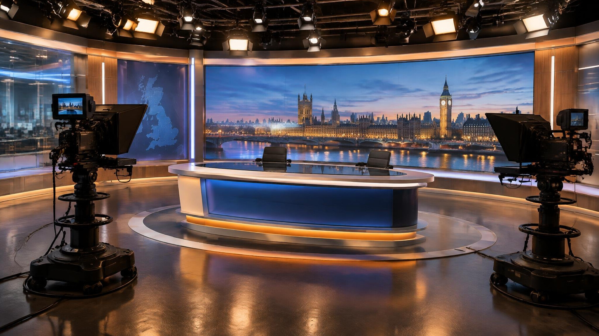 Modern television broadcast studio with cameras and lighting rig
